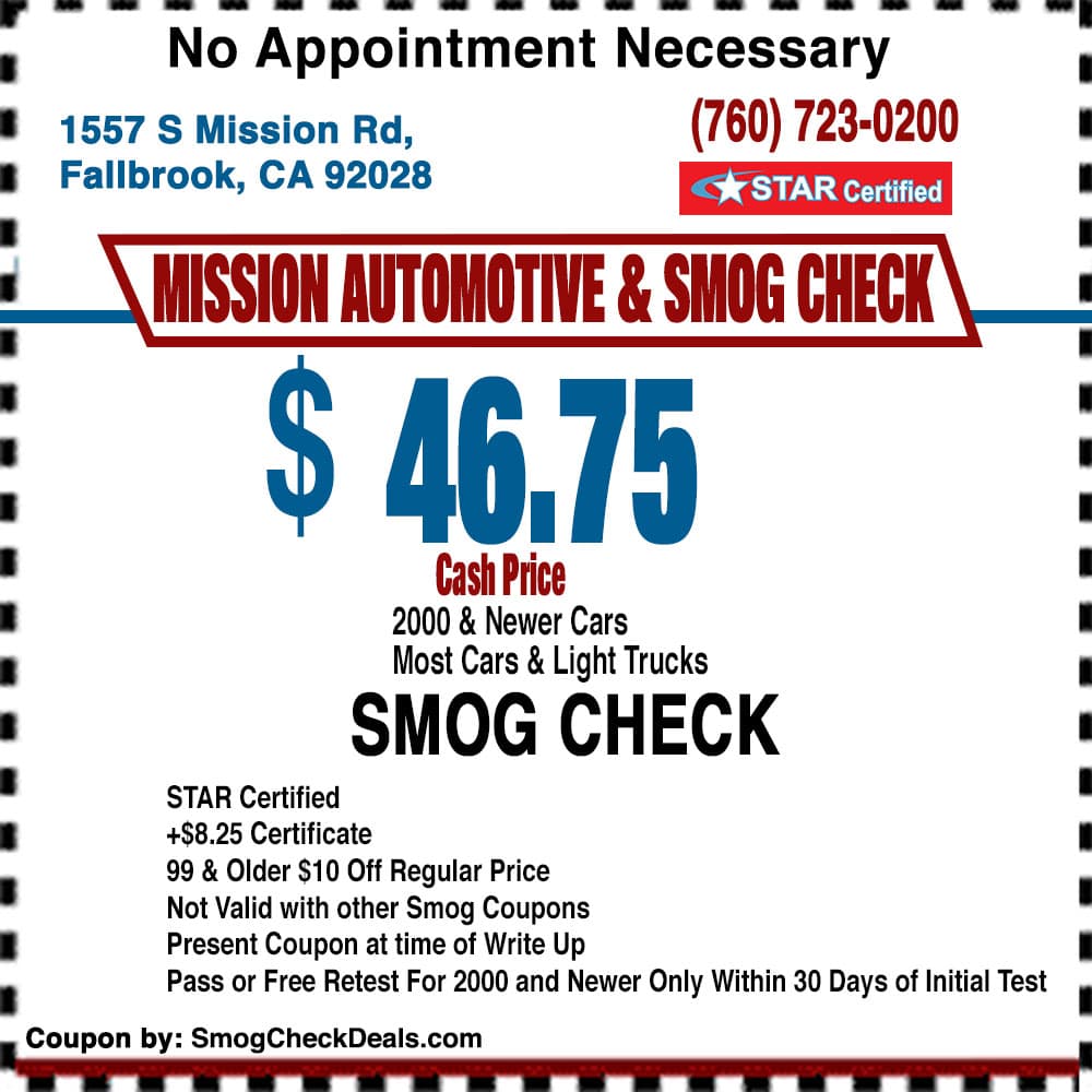 Smog check coupon at Mission Automotive and Smog
