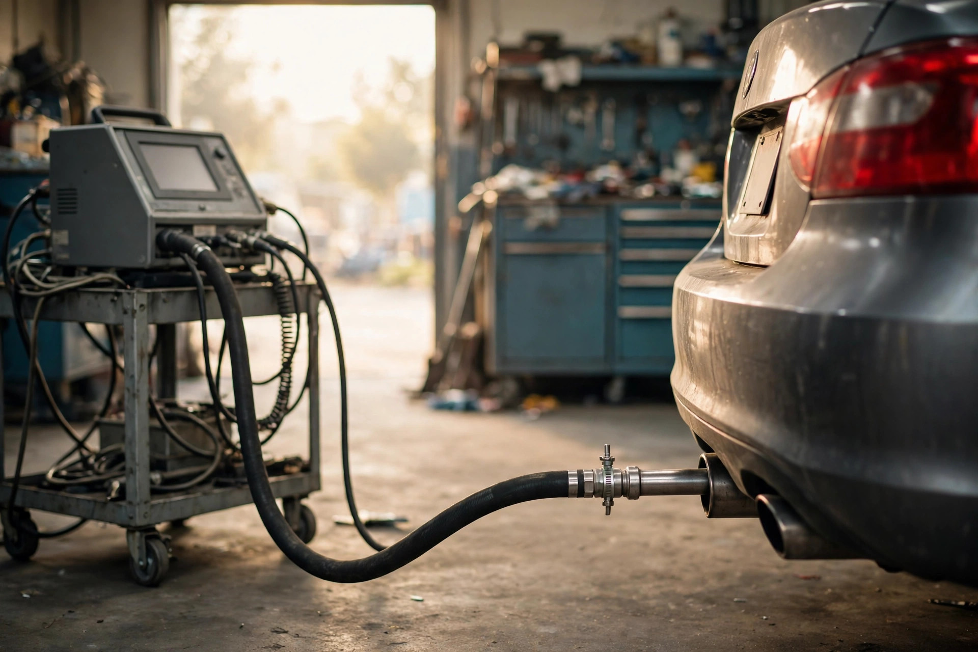 Smog check probe connected to a car's tailpipe in the shop bay